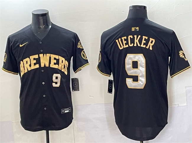 Men's Milwaukee Brewers #9 Bob Uecker Black/Gold With Home Patch Limited Stitched Baseball Jersey